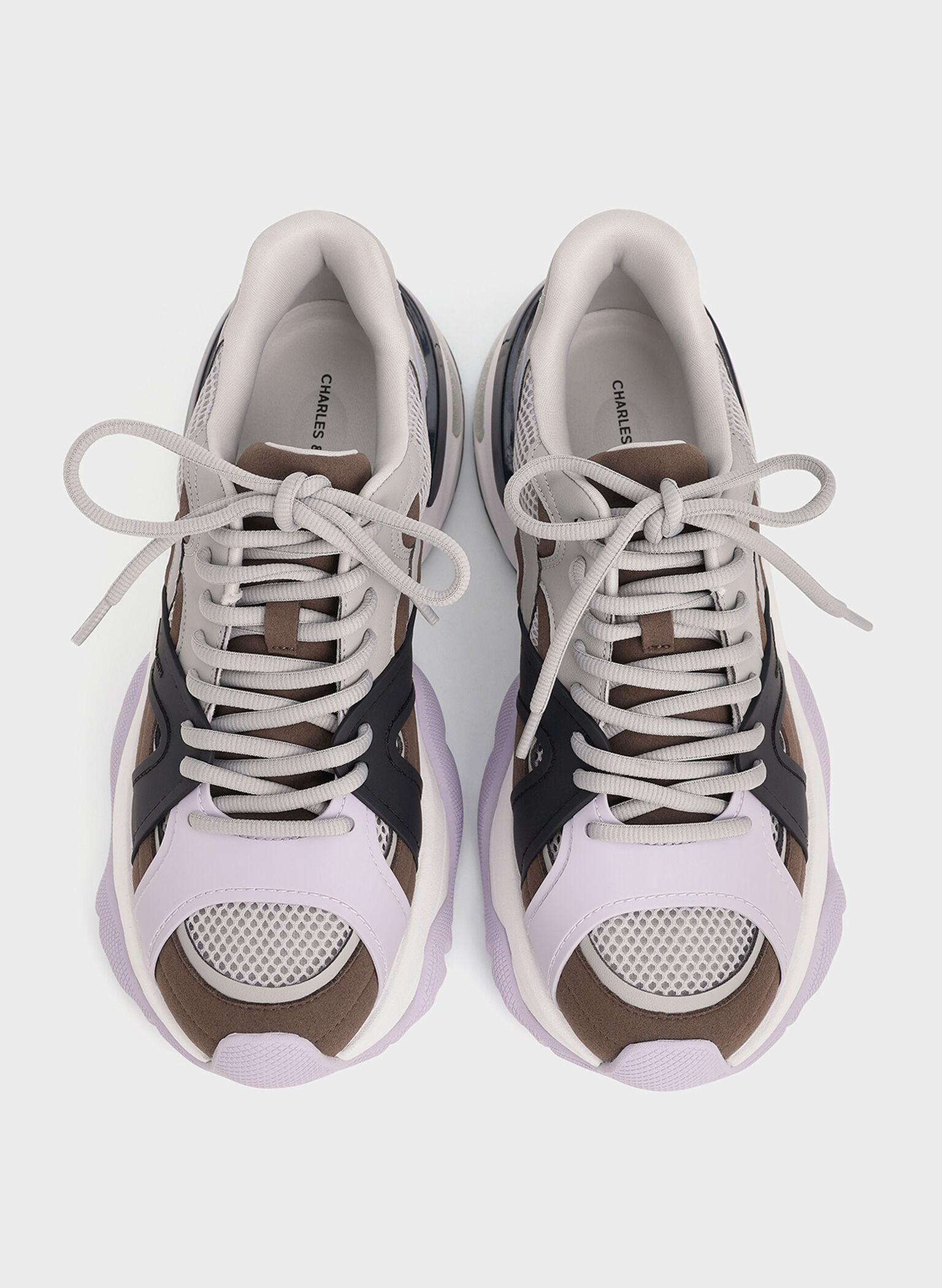 Mesh Contrast-Trim Chunky Sneakers, Brown, hi-res