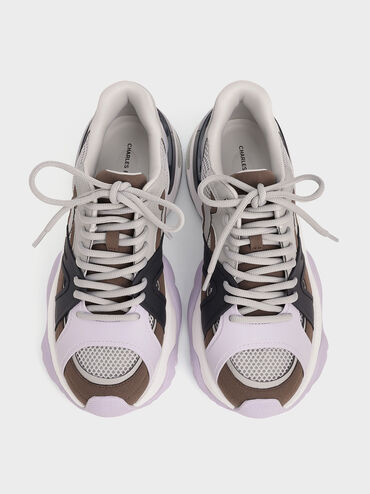 Mesh Contrast-Trim Chunky Sneakers, Brown, hi-res