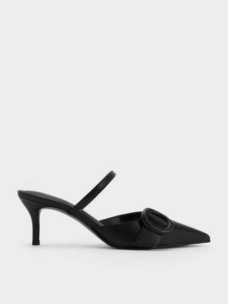 Oval-Buckle Pointed-Toe Mules, Black, hi-res