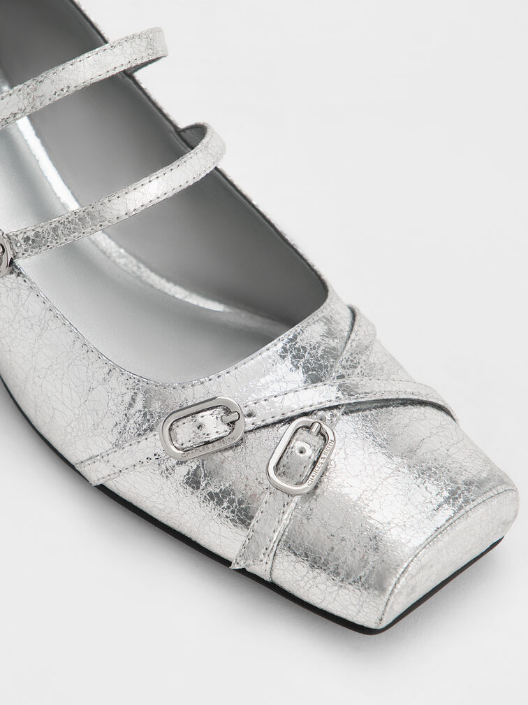 Metallic Crinkle-Effect Double-Strap Mary Jane Pumps, Silver, hi-res