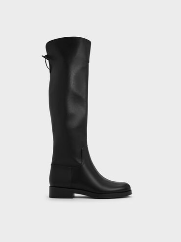 Fold-Over Back-Tie Thigh-High Boots, Black, hi-res