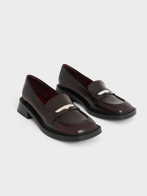 Metallic Penny Tab Loafers, Burgundy, hi-res