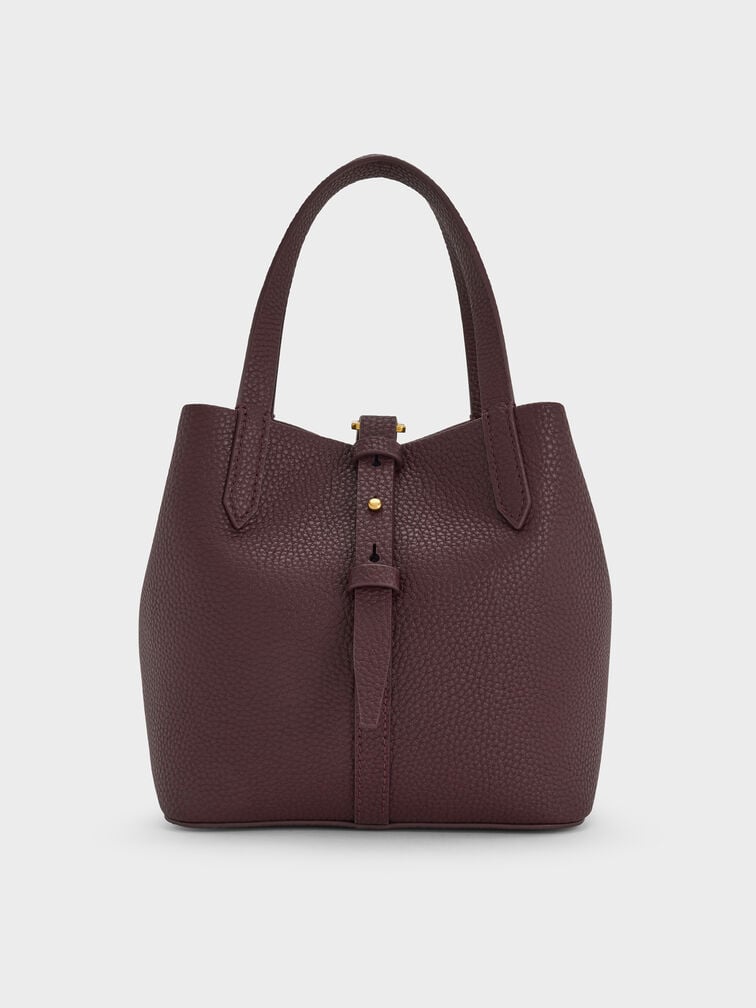 Beryl Recycled Leather Double-Handle Belted Bucket Bag, Wineberry Red, hi-res