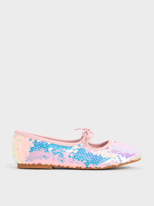 Girls' Sequin Two-Tone Bow Ballet Flats, Pink, hi-res