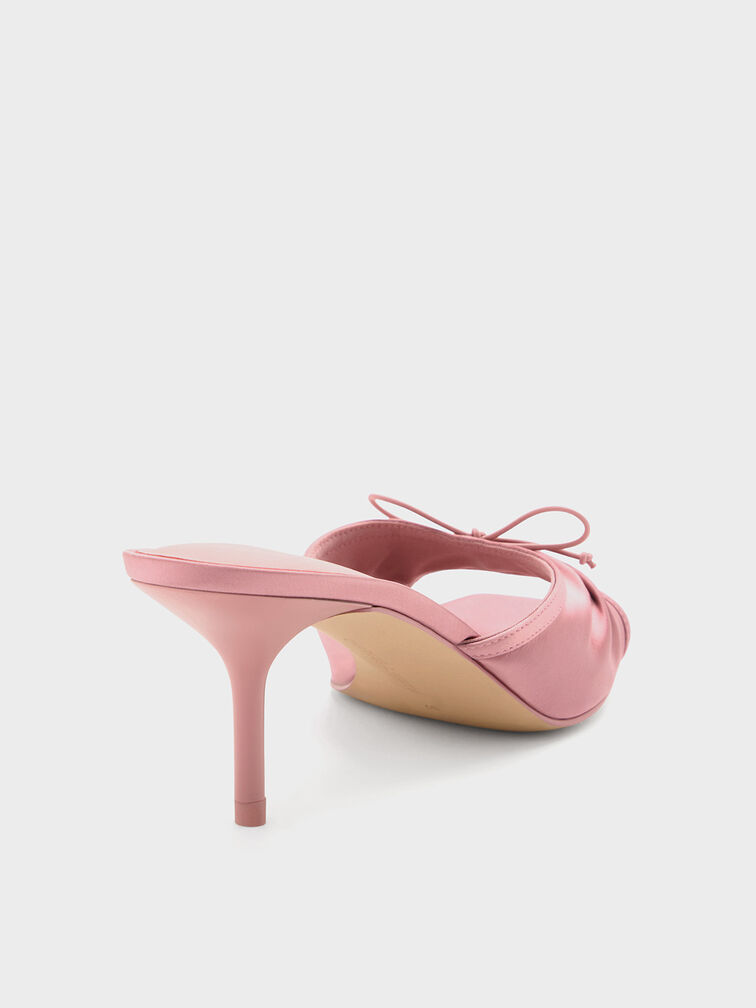 Satin Ruched Bow Heeled Mules, Pink, hi-res