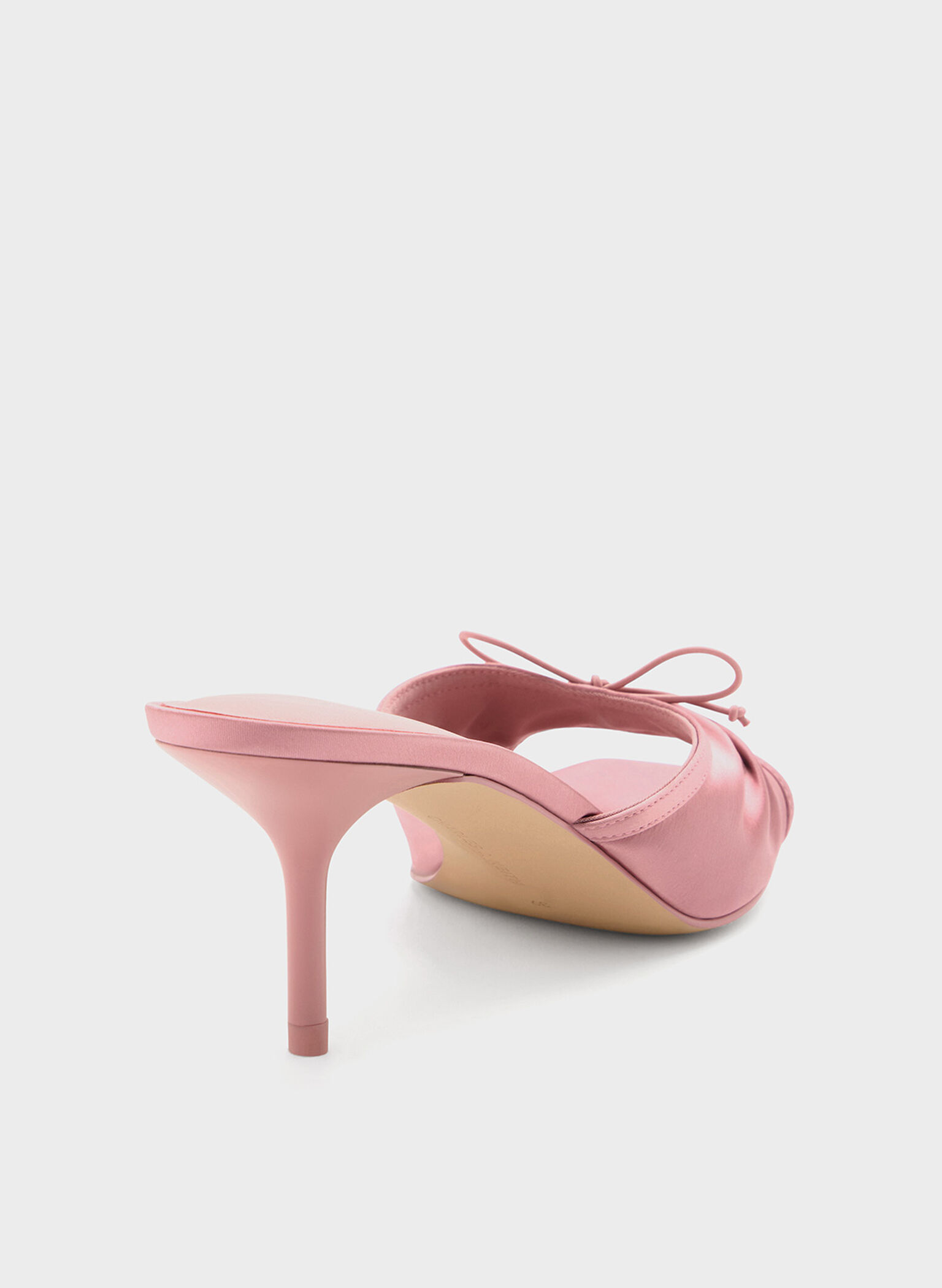 Satin Ruched Bow Heeled Mules, Pink, hi-res