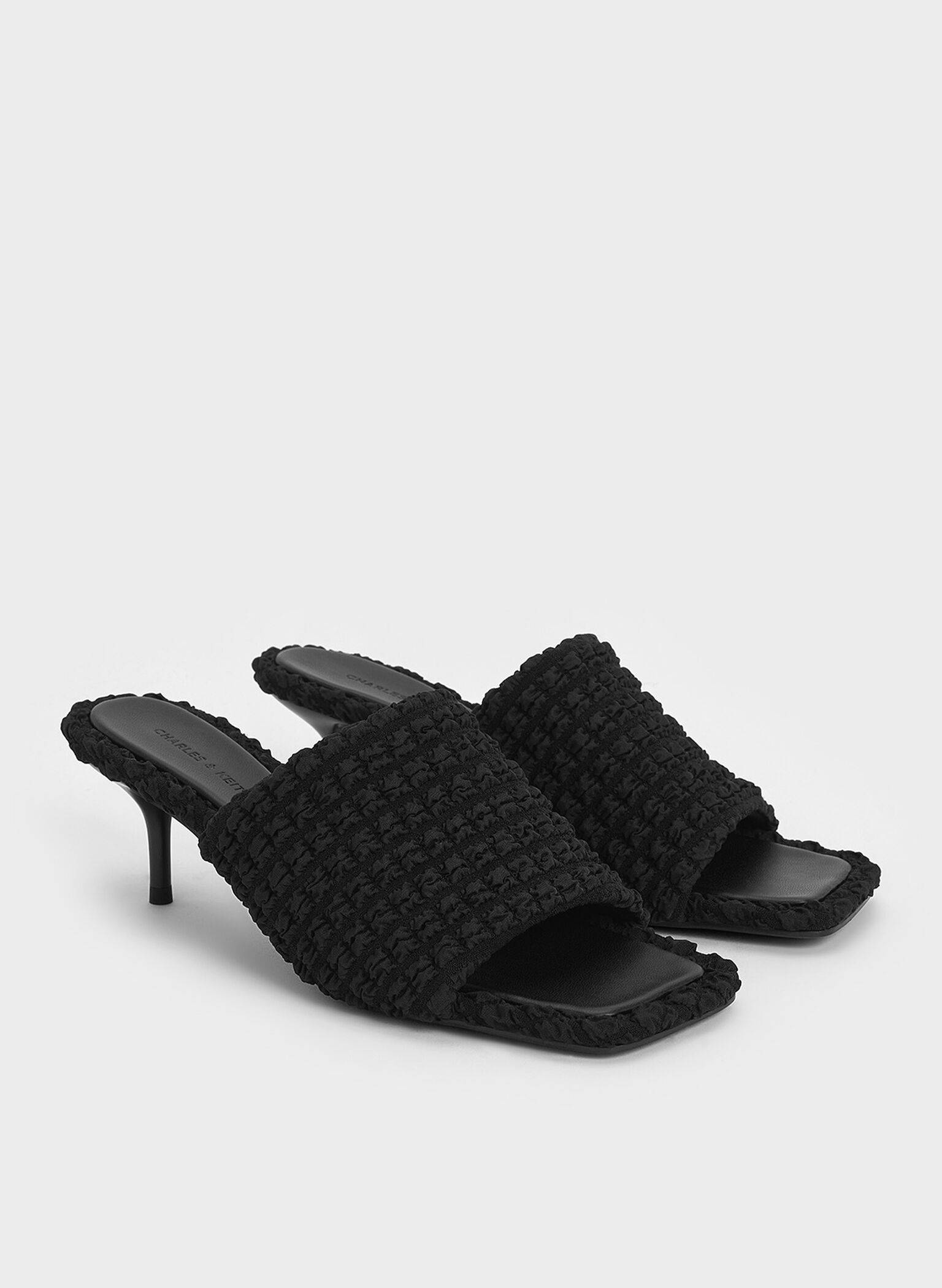 Loren Textured Kitten-Heel Mules, Black Textured, hi-res