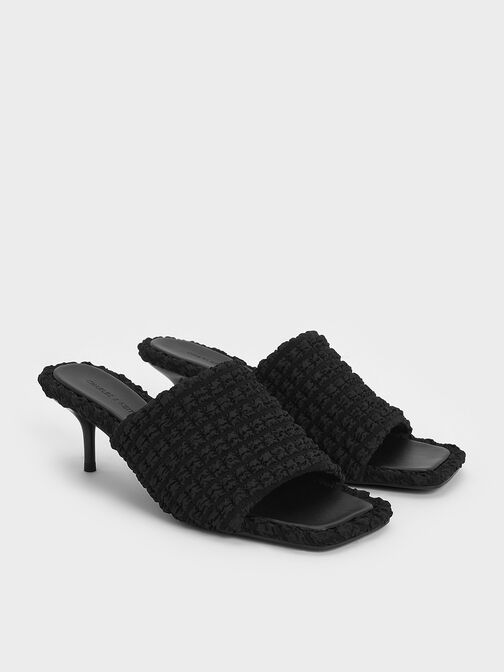 Loren Textured Kitten-Heel Mules, Black Textured, hi-res