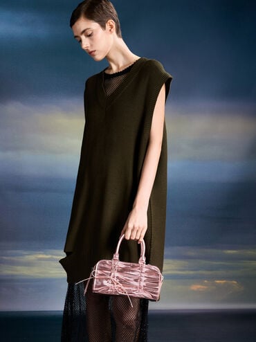Kadee Metallic Ruched Bow-Charm Bowling Bag, Aura Pink, hi-res