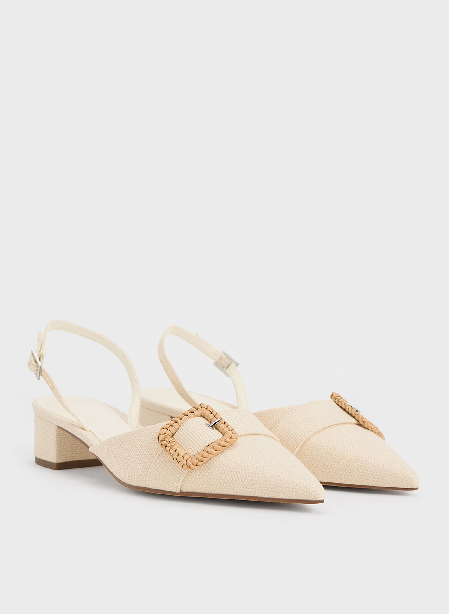 Woven-Buckle Slingback Pumps, Chalk, hi-res