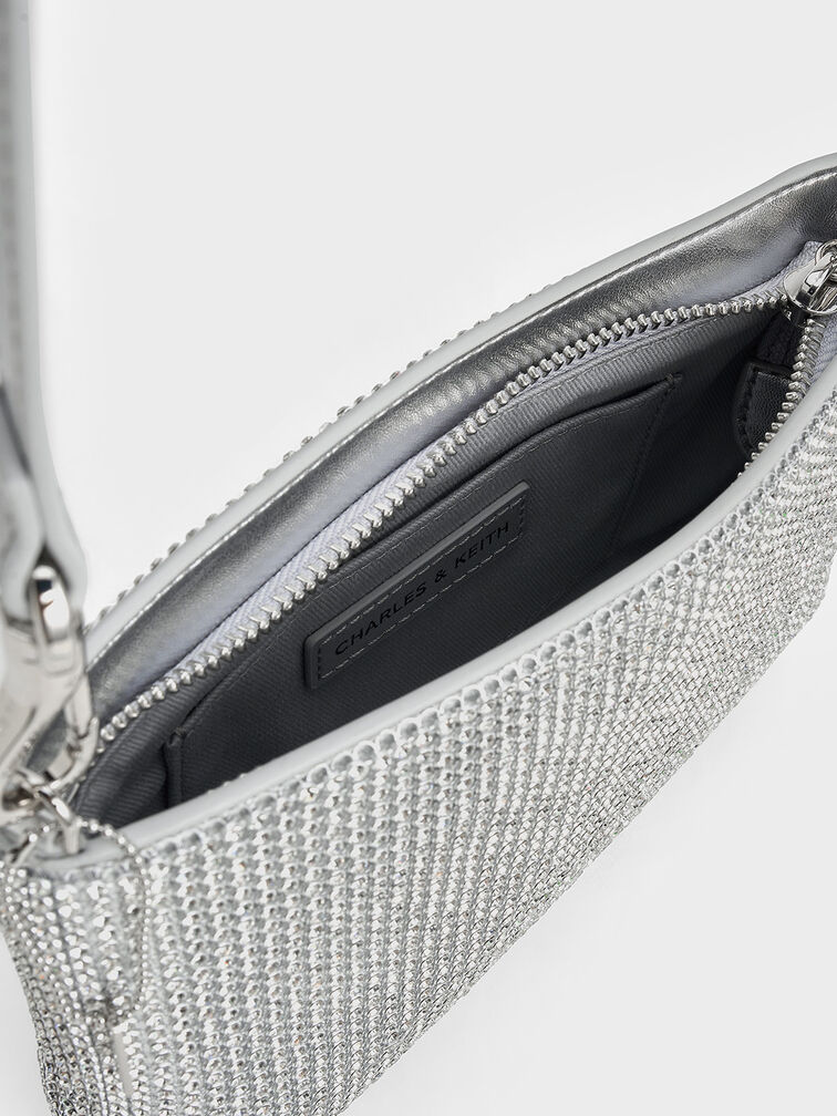Crystal-Embellished Chain-Handle Shoulder Bag, Silver, hi-res