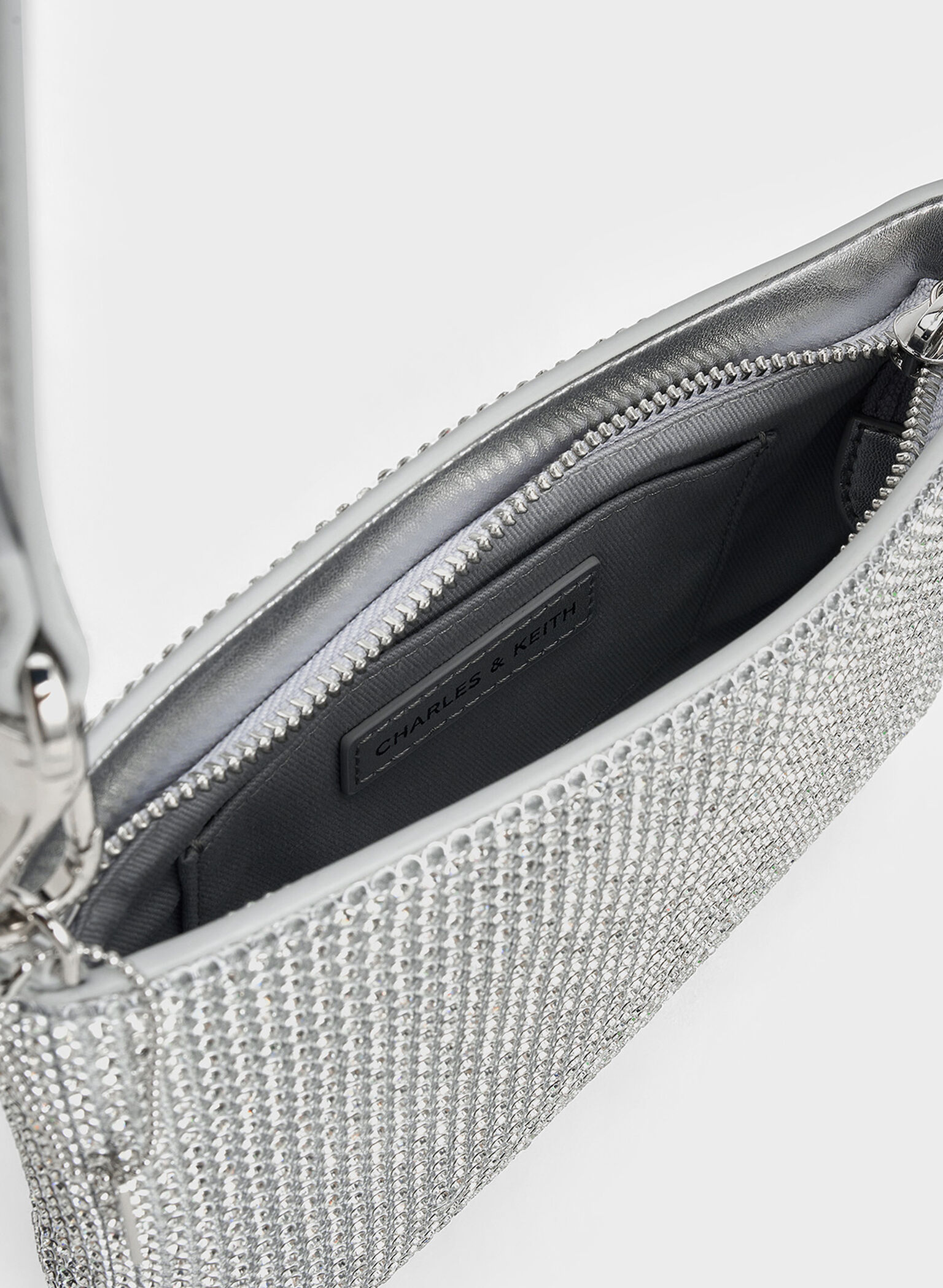 Crystal-Embellished Chain-Handle Shoulder Bag, Silver, hi-res