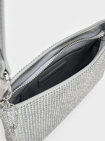 Crystal-Embellished Chain-Handle Shoulder Bag, Silver, hi-res