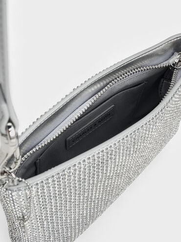 Crystal-Embellished Chain-Handle Shoulder Bag, Silver, hi-res