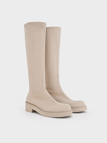 Faux Suede Chunky-Sole Knee-High Boots, Beige, hi-res