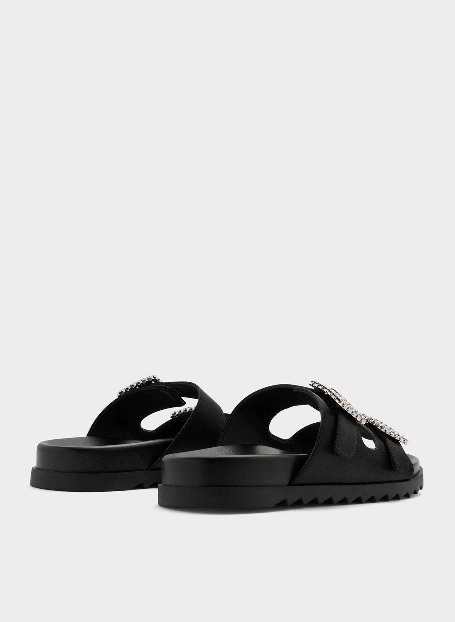 Recycled Polyester Gem-Buckle Double-Strap Sandals, Black Textured, hi-res