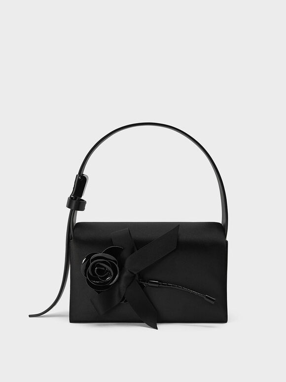 Chloris Satin & Leather Rose-Embellished Shoulder Bag, Black, hi-res