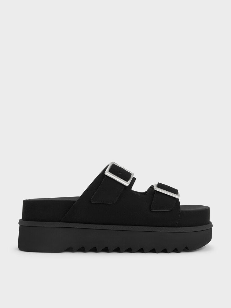 Buckled Double-Strap Flatform Sandals, Black, hi-res