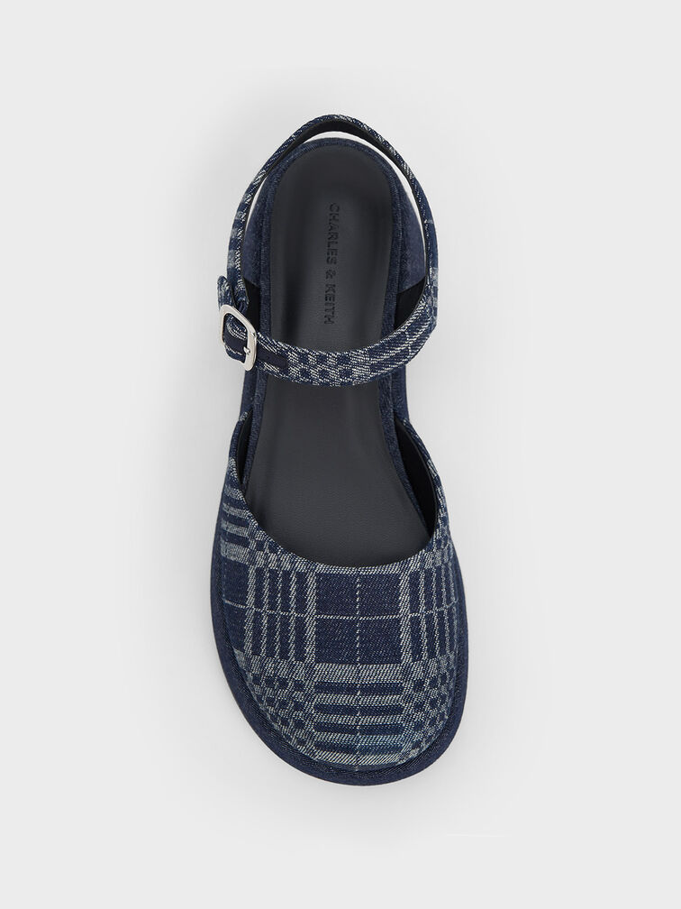 Nerina Checkered Ankle-Strap Platform Flats, Dark Blue, hi-res