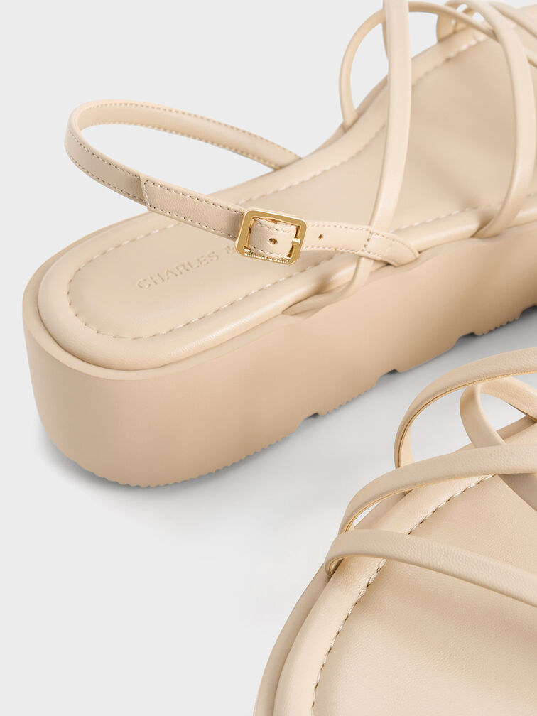 Strappy Ridged-Sole Flatform Sandals, Taupe, hi-res