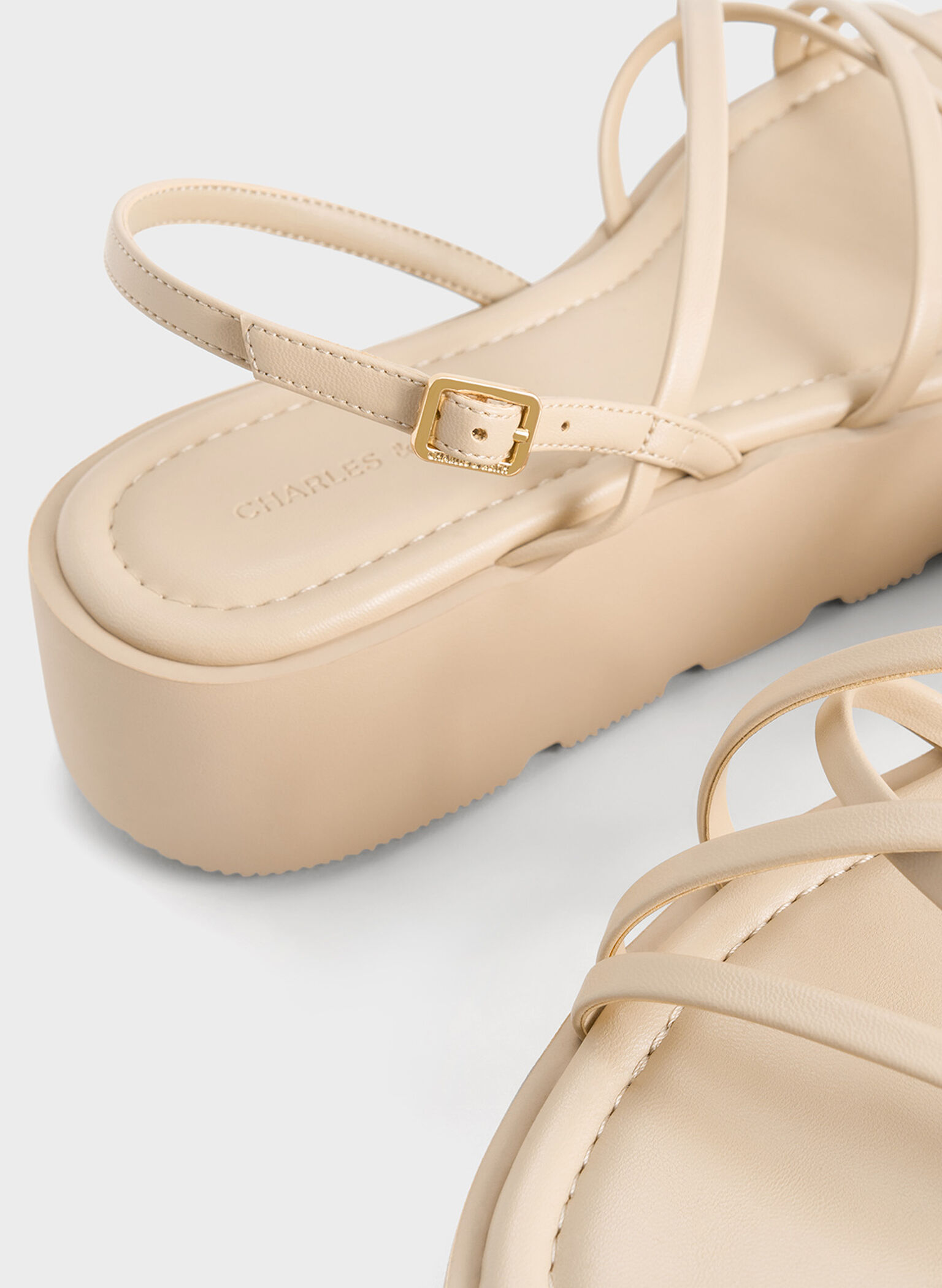 Strappy Ridged-Sole Flatform Sandals, Taupe, hi-res