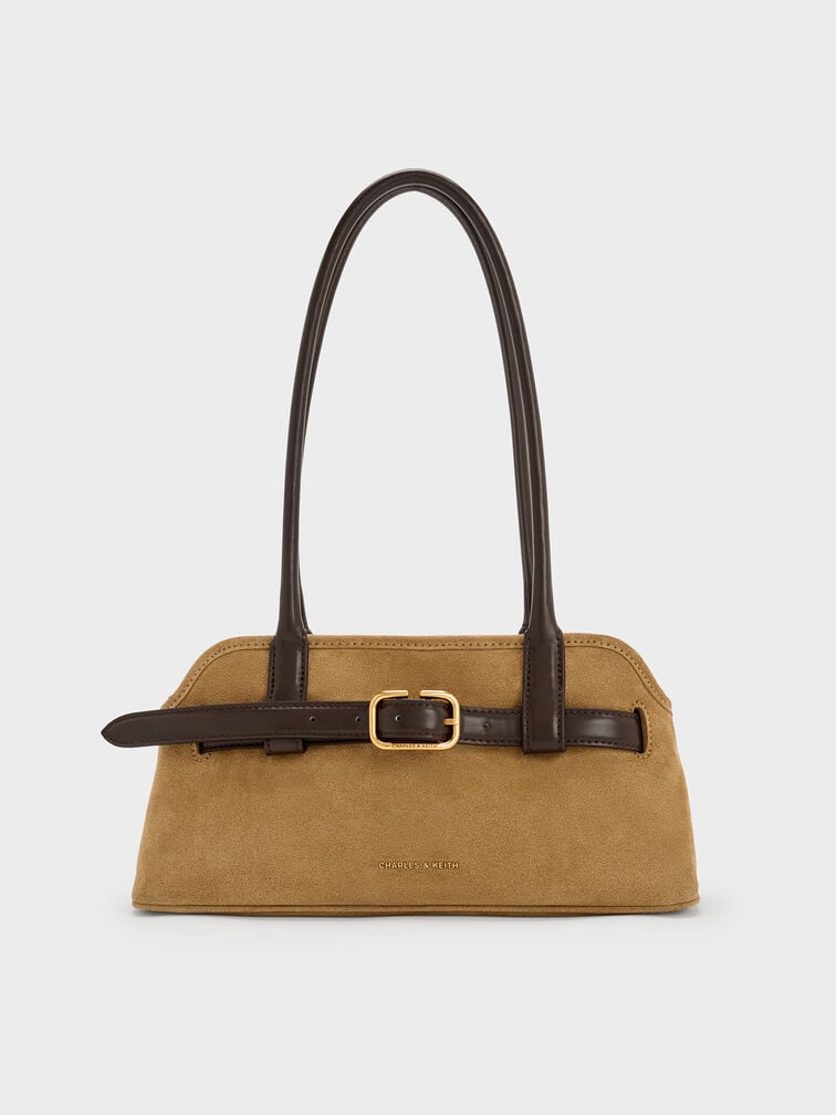 Victoria Recycled Suede Belted Elongated Shoulder Bag, Sahara Sand, hi-res