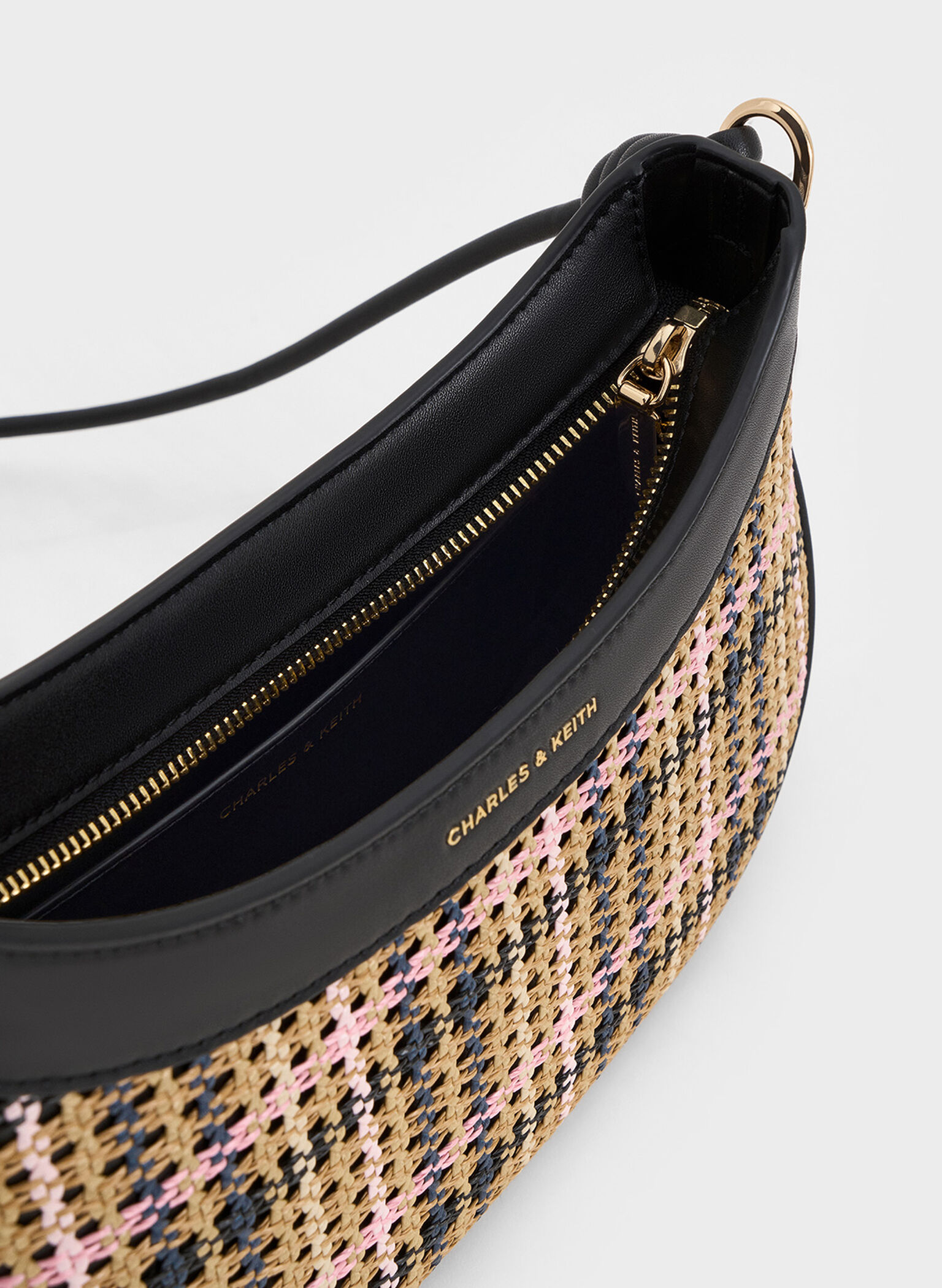 Sabine Tartan Knotted-Strap Curved Shoulder Bag, Tartan Straw, hi-res