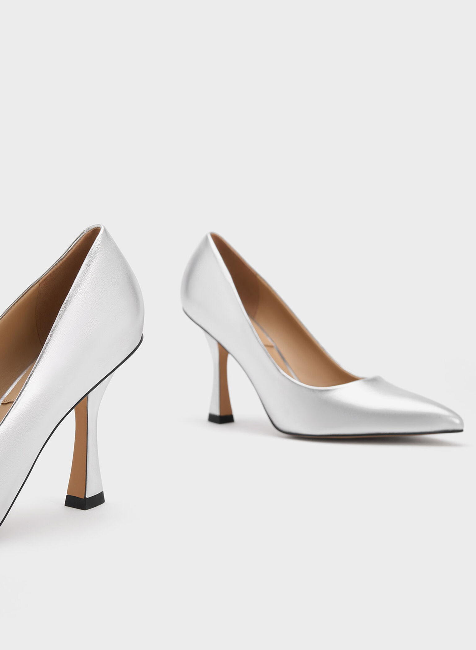 Metallic Leather Flared Heel Pumps, Silver, hi-res