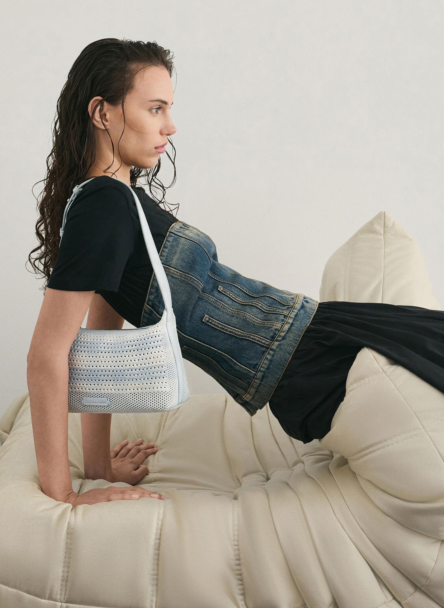 Ida Checkered Knitted Shoulder Bag, Sea Salt Blue, hi-res