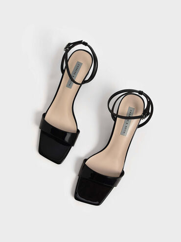 Patent Ankle-Strap Cylindrical Heel Sandals, Black, hi-res