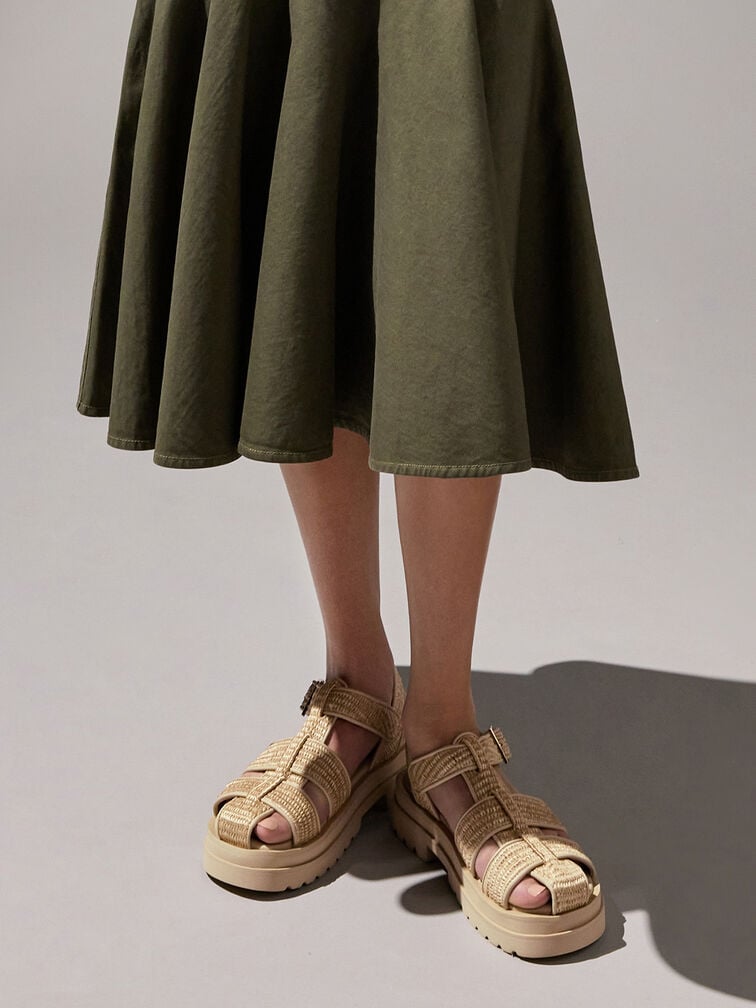 Raffia Caged Sandals, Taupe, hi-res