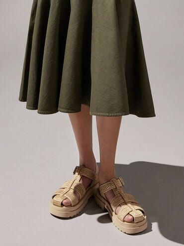 Raffia Caged Sandals, Taupe, hi-res