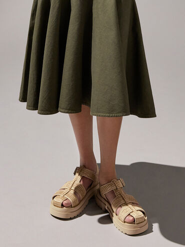 Raffia Caged Sandals, Taupe, hi-res