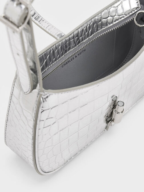 Cesia Croc-Effect Metallic-Accent Shoulder Bag, Silver, hi-res