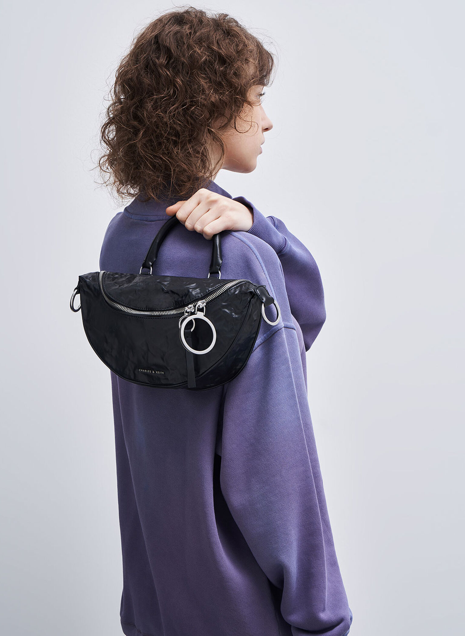 Wrinkled Effect Semi-Circle Crossbody Bag, Black, hi-res