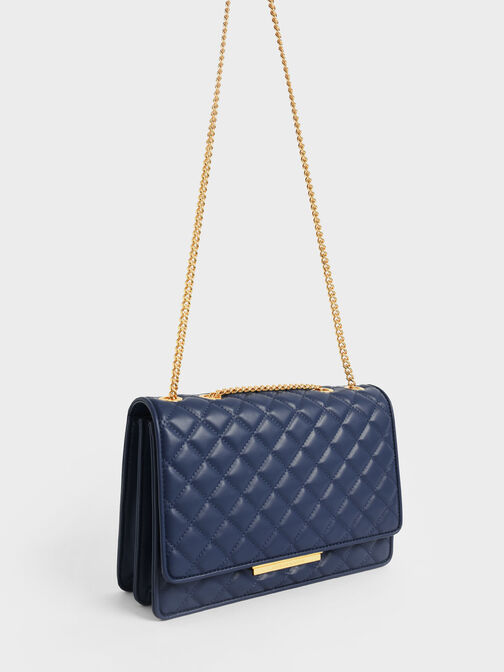 Double Chain Handle Quilted Bag, Navy, hi-res