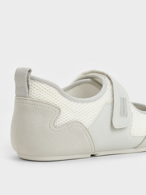 Mesh Contrast-Panel Mary Jane Sneakers, White, hi-res