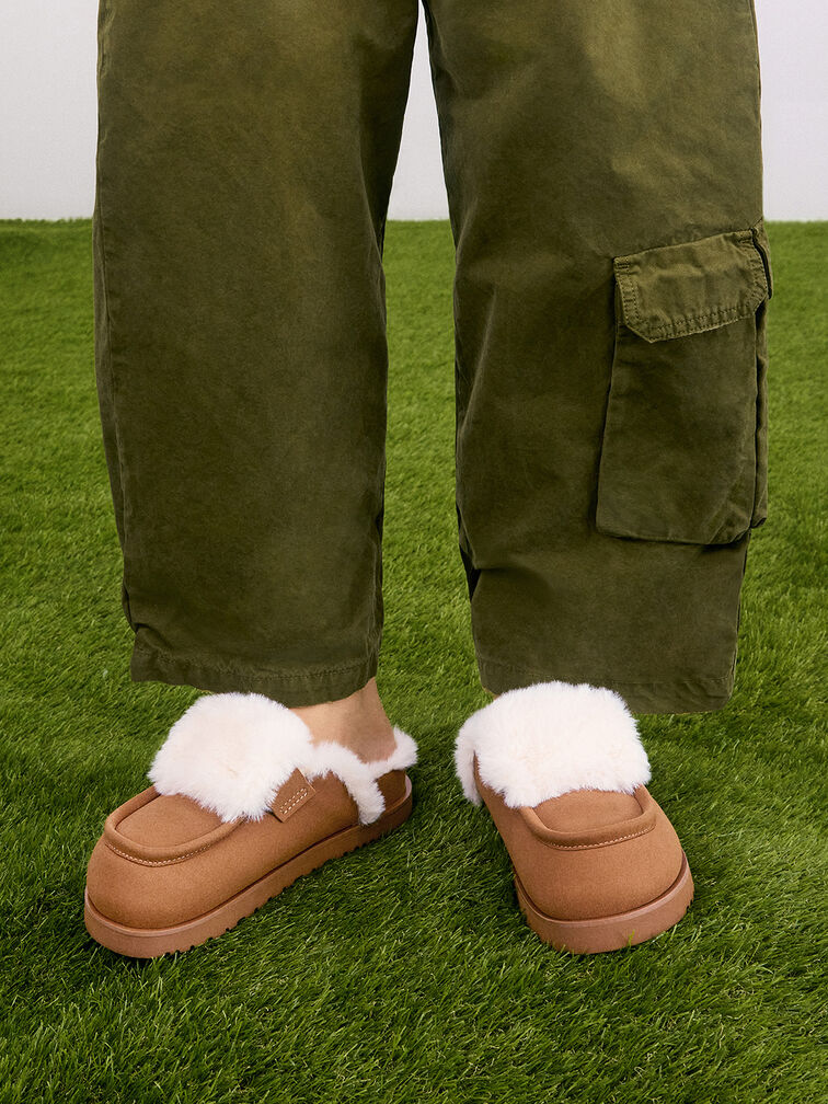 Textured Fur-Trim Flatform Mules, Brown, hi-res