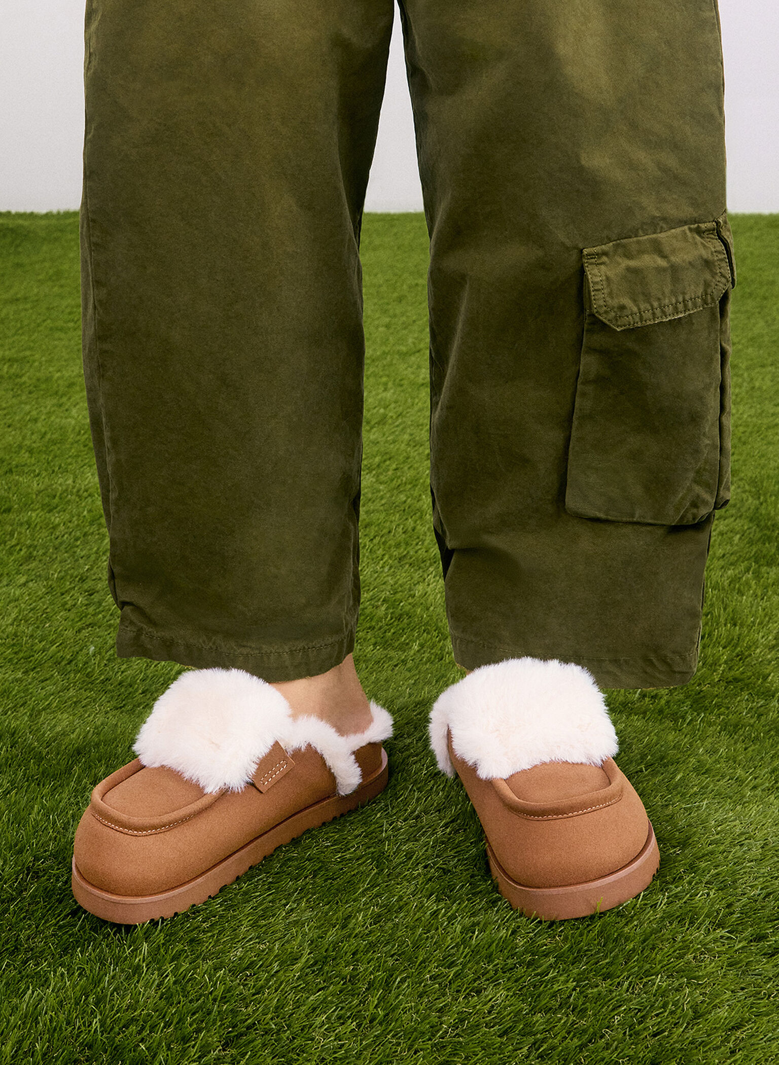 Textured Fur-Trim Flatform Mules, Brown, hi-res
