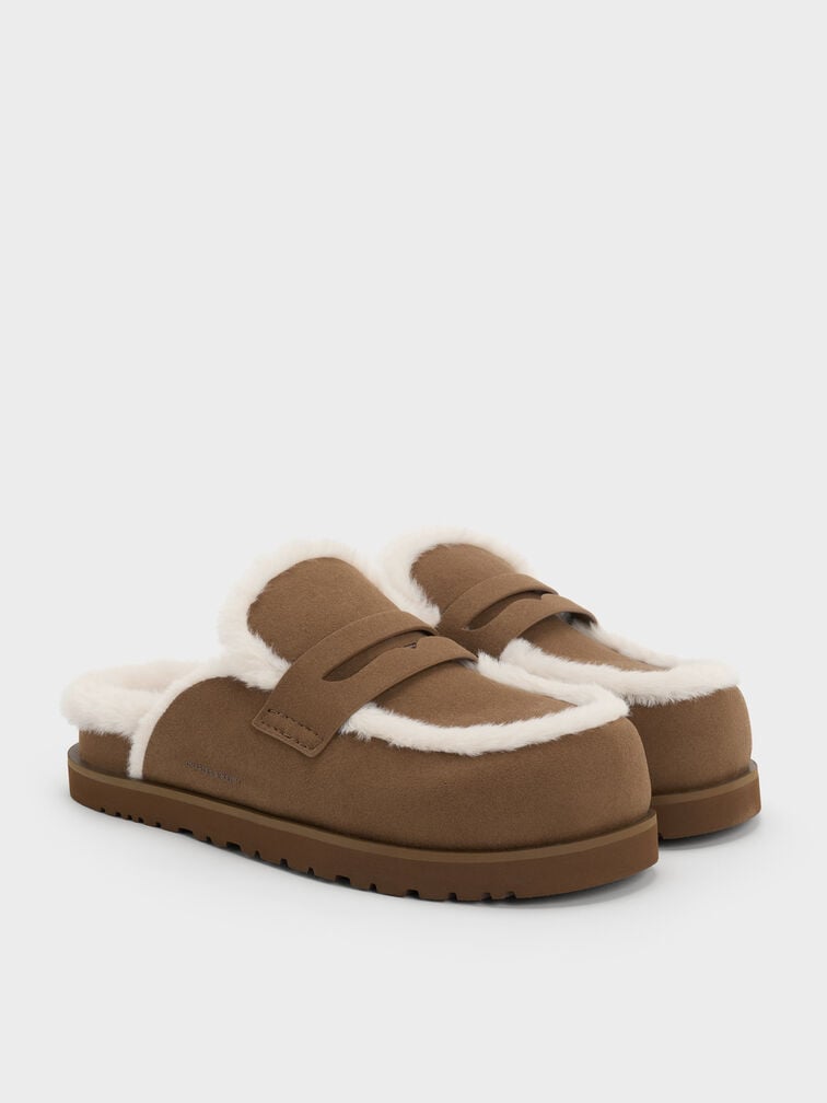 Recycled-Fur Flatform Mules, Brown, hi-res