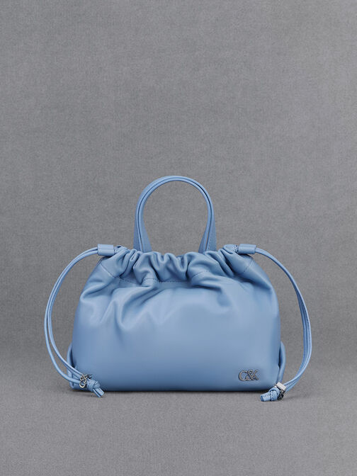 Leather Ruched Drawstring Bag, Light Blue, hi-res