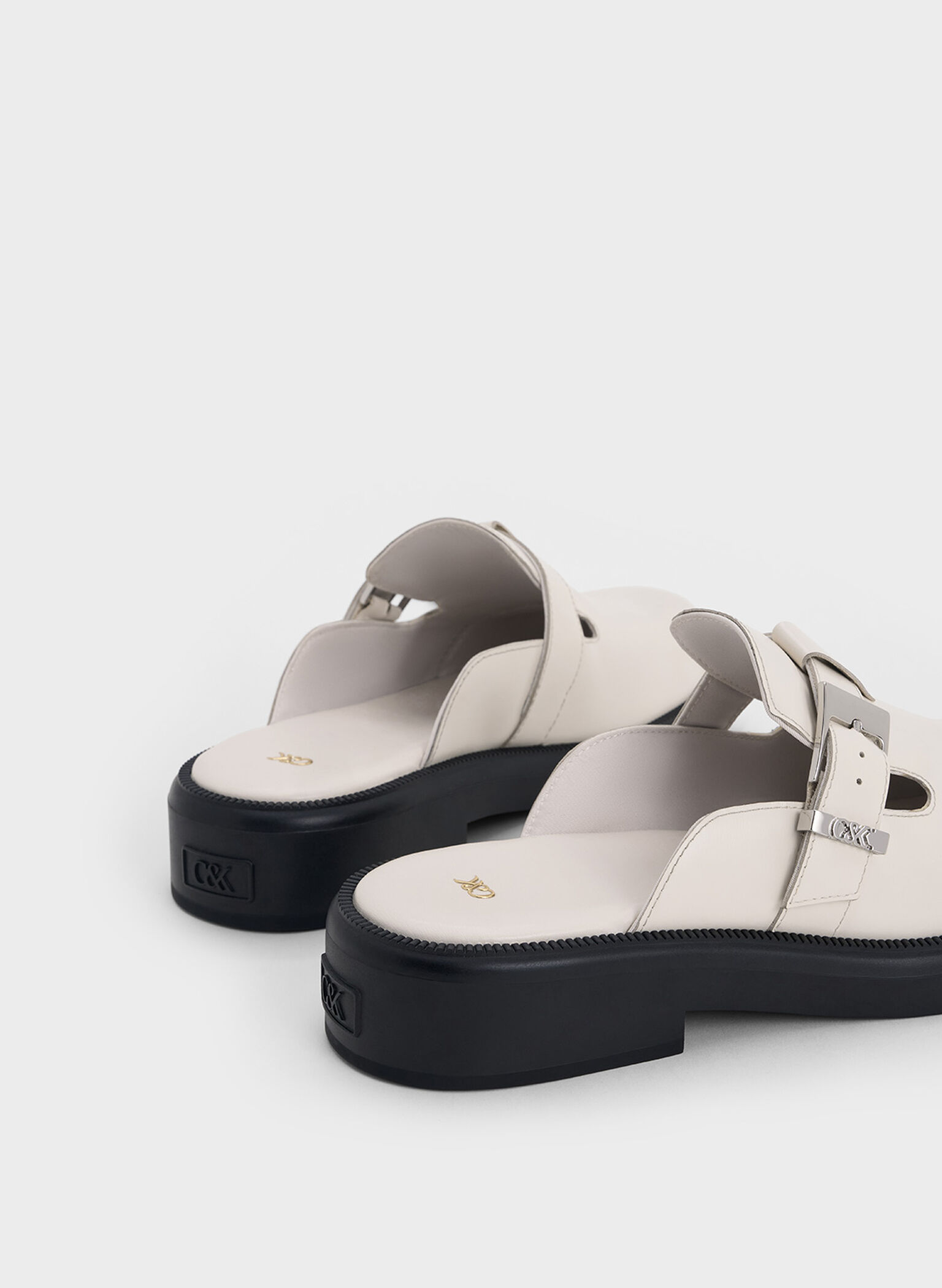 Leather Buckled Mules, Chalk, hi-res