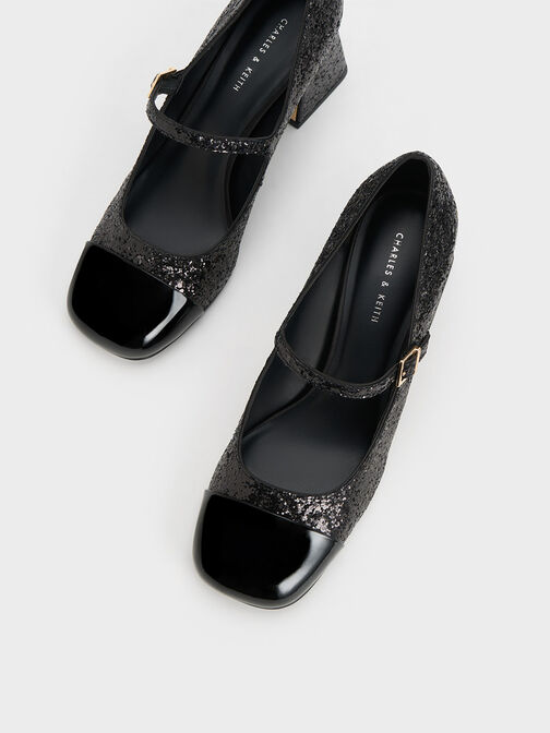 Patent Glittered Trapeze-Heel Mary Janes, Black Textured, hi-res