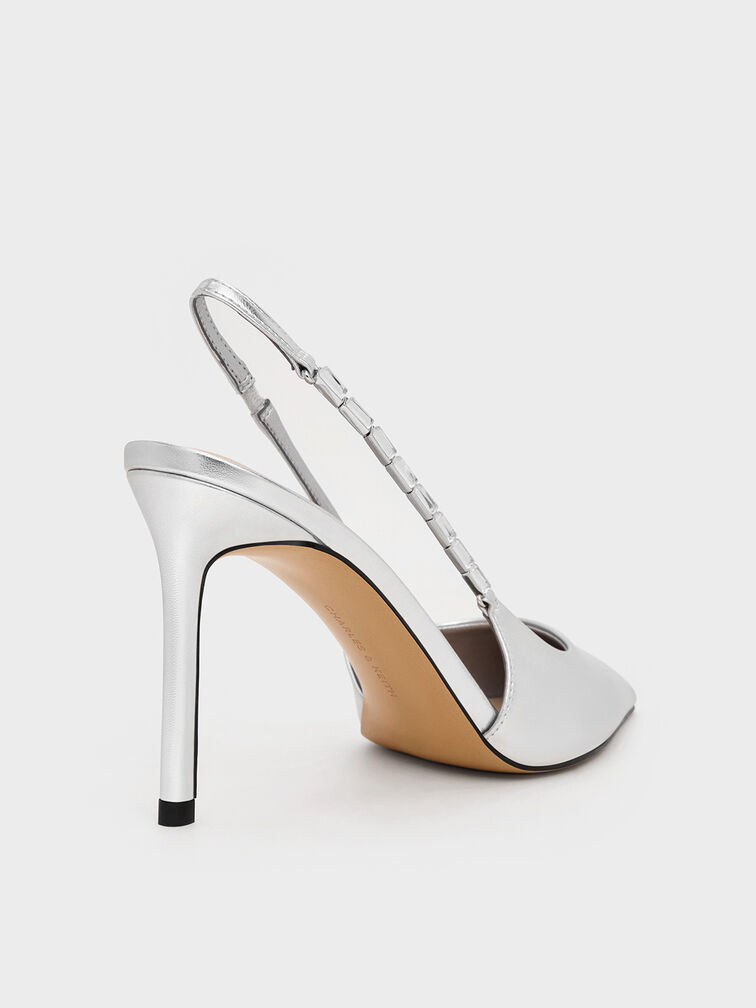 Metallic Embellished-Strap Pointed-Toe Slingback Pumps, Silver, hi-res