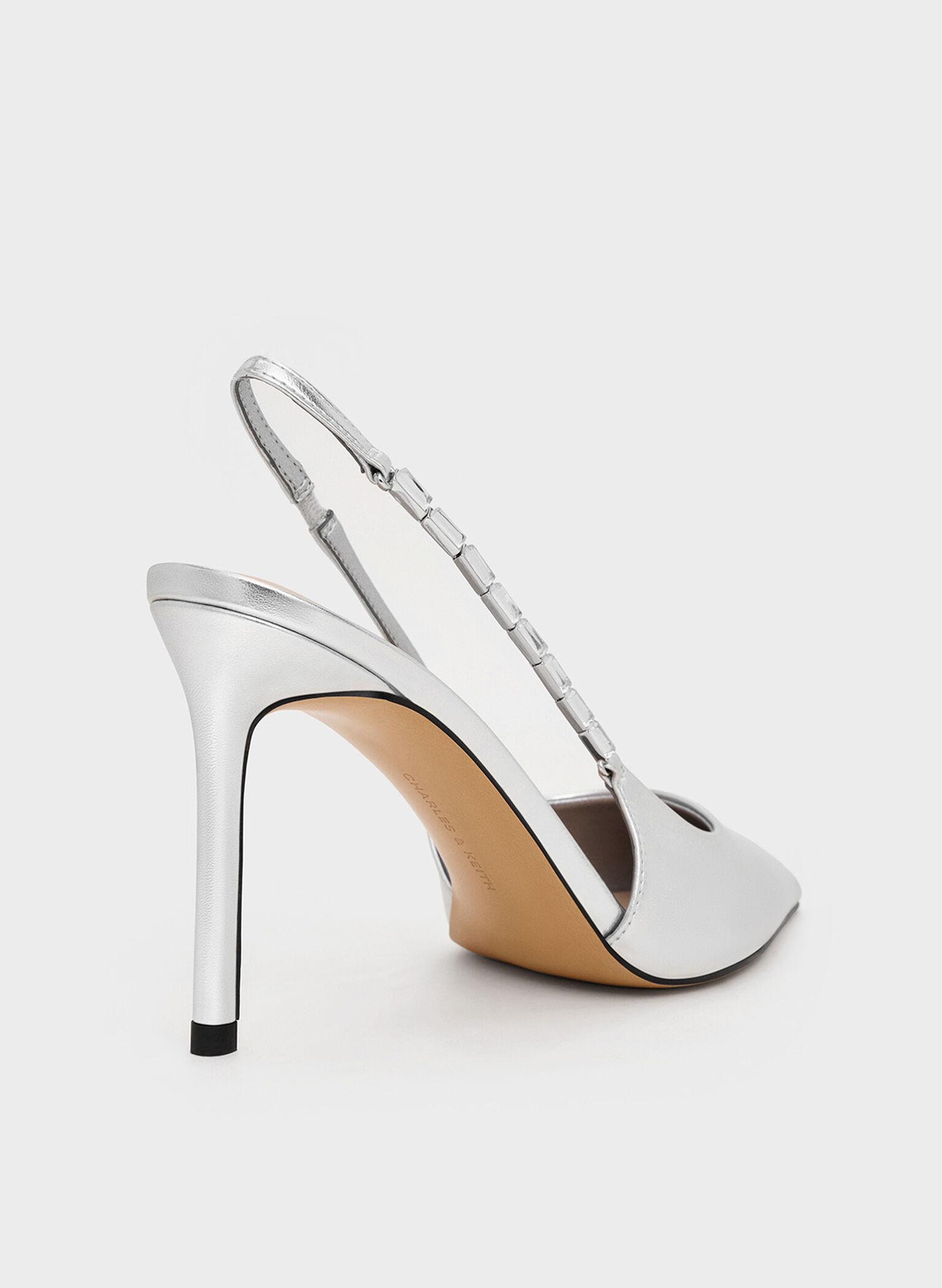 Metallic Embellished-Strap Pointed-Toe Slingback Pumps, Silver, hi-res