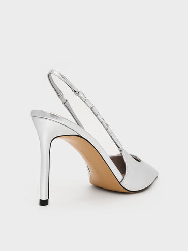 Metallic Embellished-Strap Pointed-Toe Slingback Pumps, Silver, hi-res