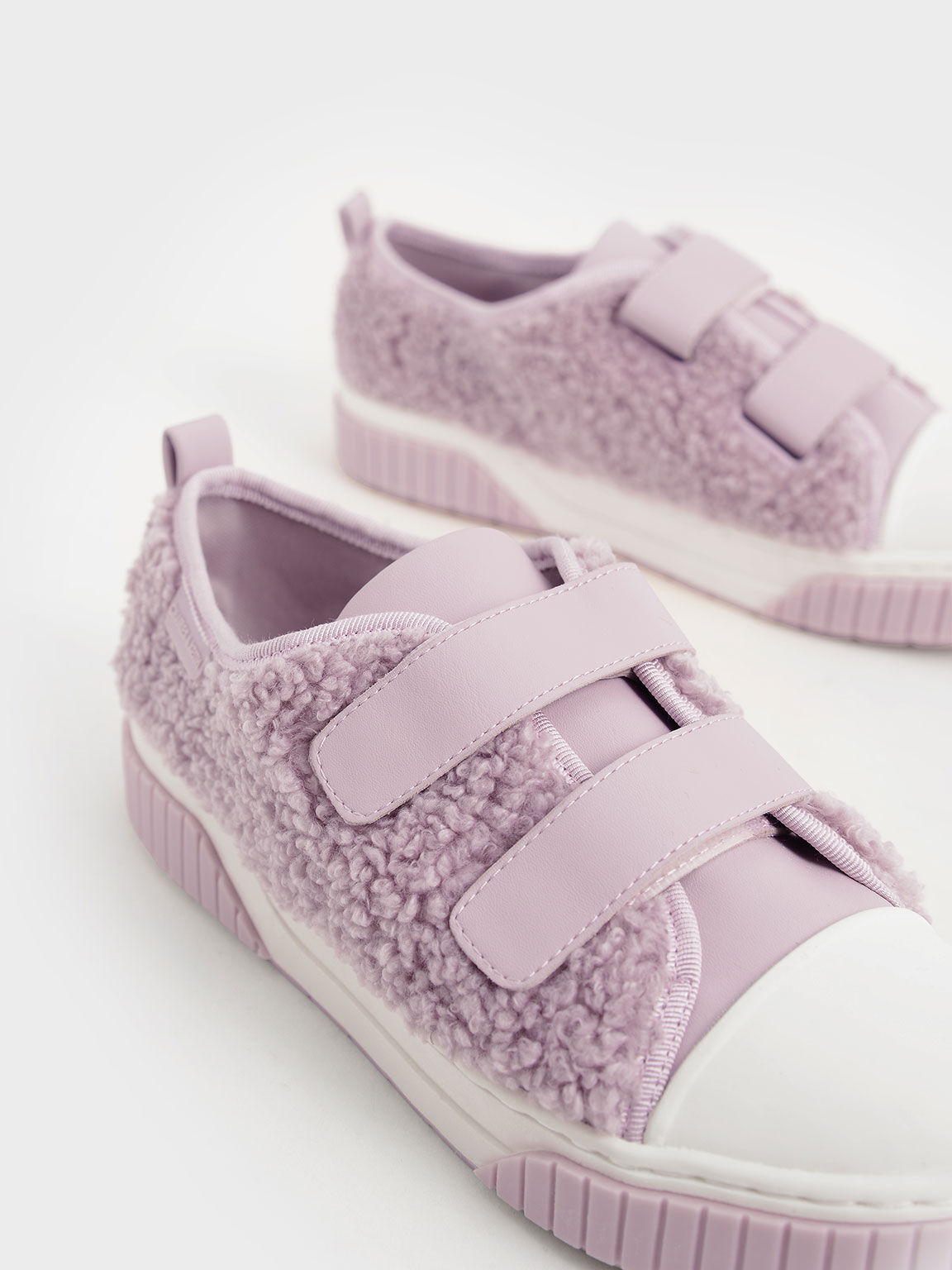 Girls' Velcro Strap Furry Sneakers, Lilac, hi-res