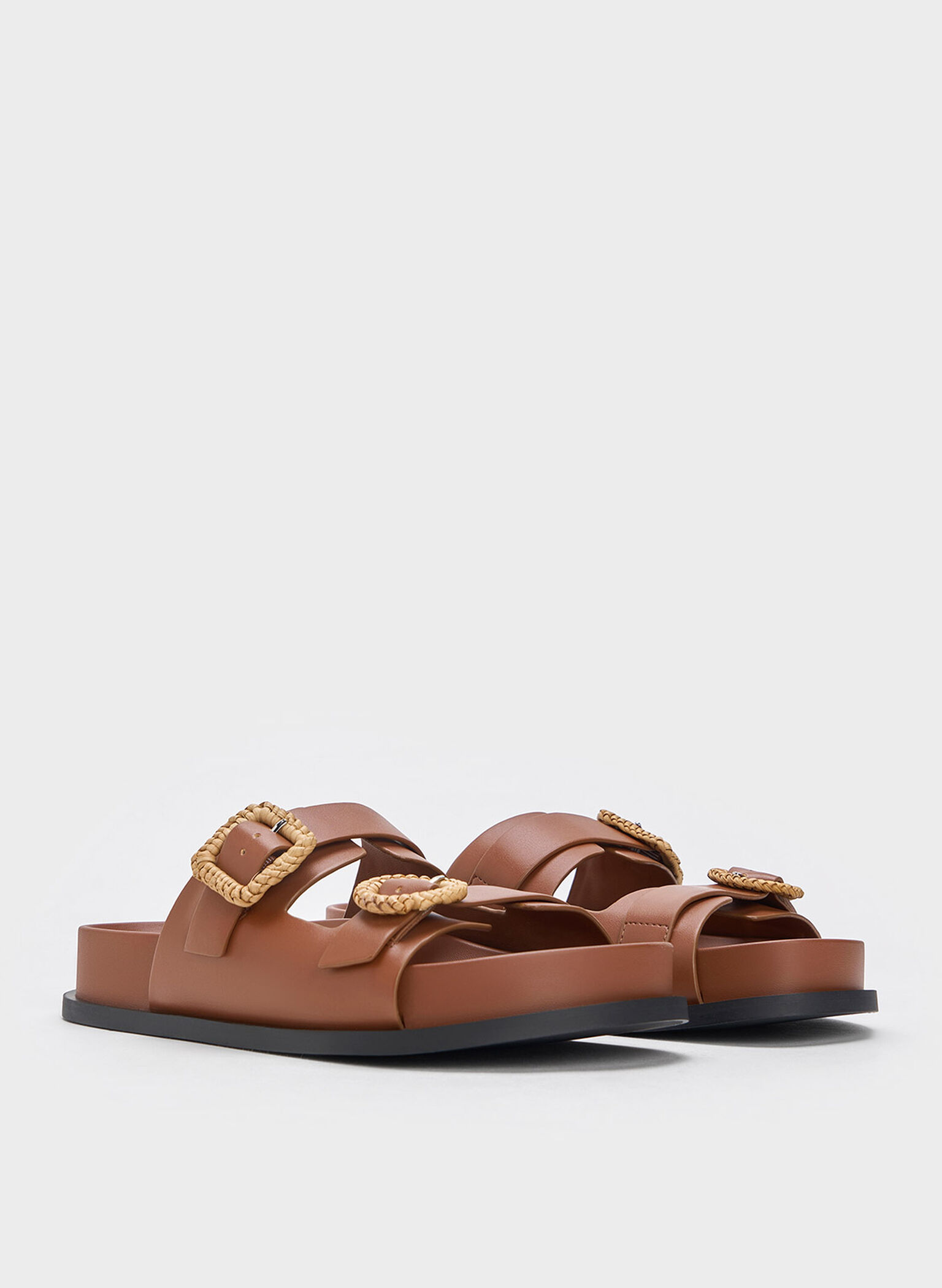 Woven-Buckle Double-Strap Sandals, Brown, hi-res