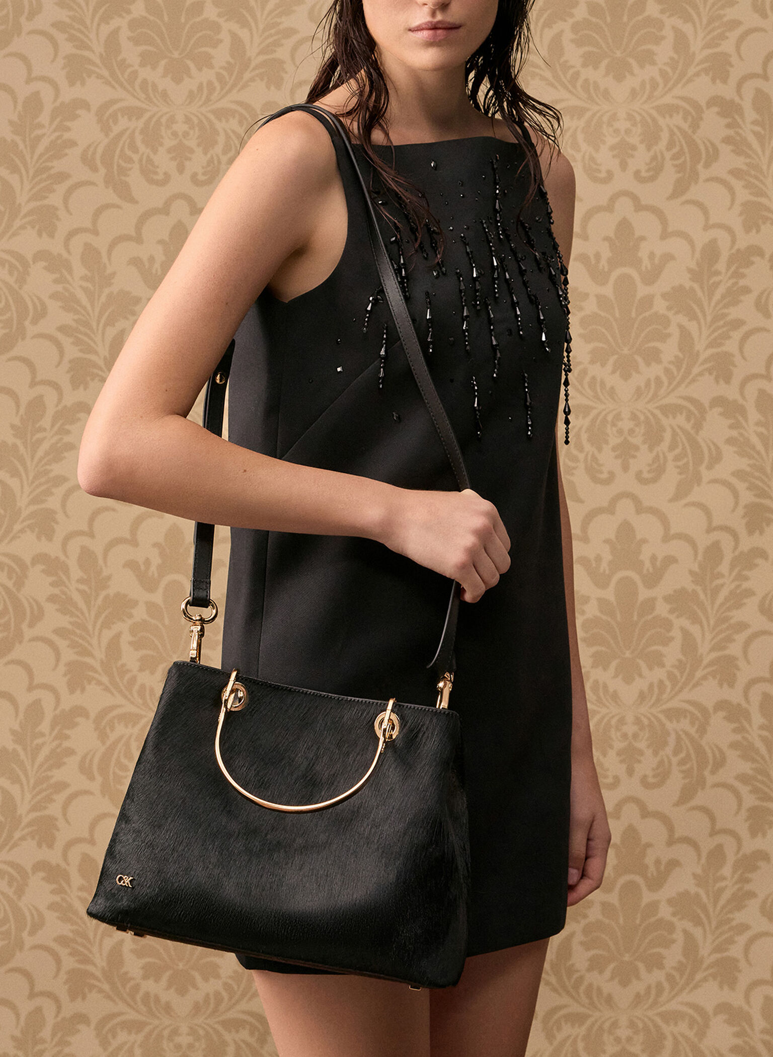 Pony Hair & Leather Ring-Handle Bag, Black, hi-res