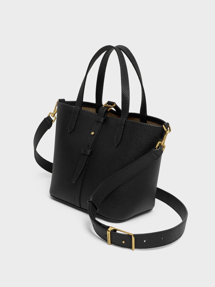 Beryl Recycled Leather Double-Handle Belted Bucket Bag, Black, hi-res